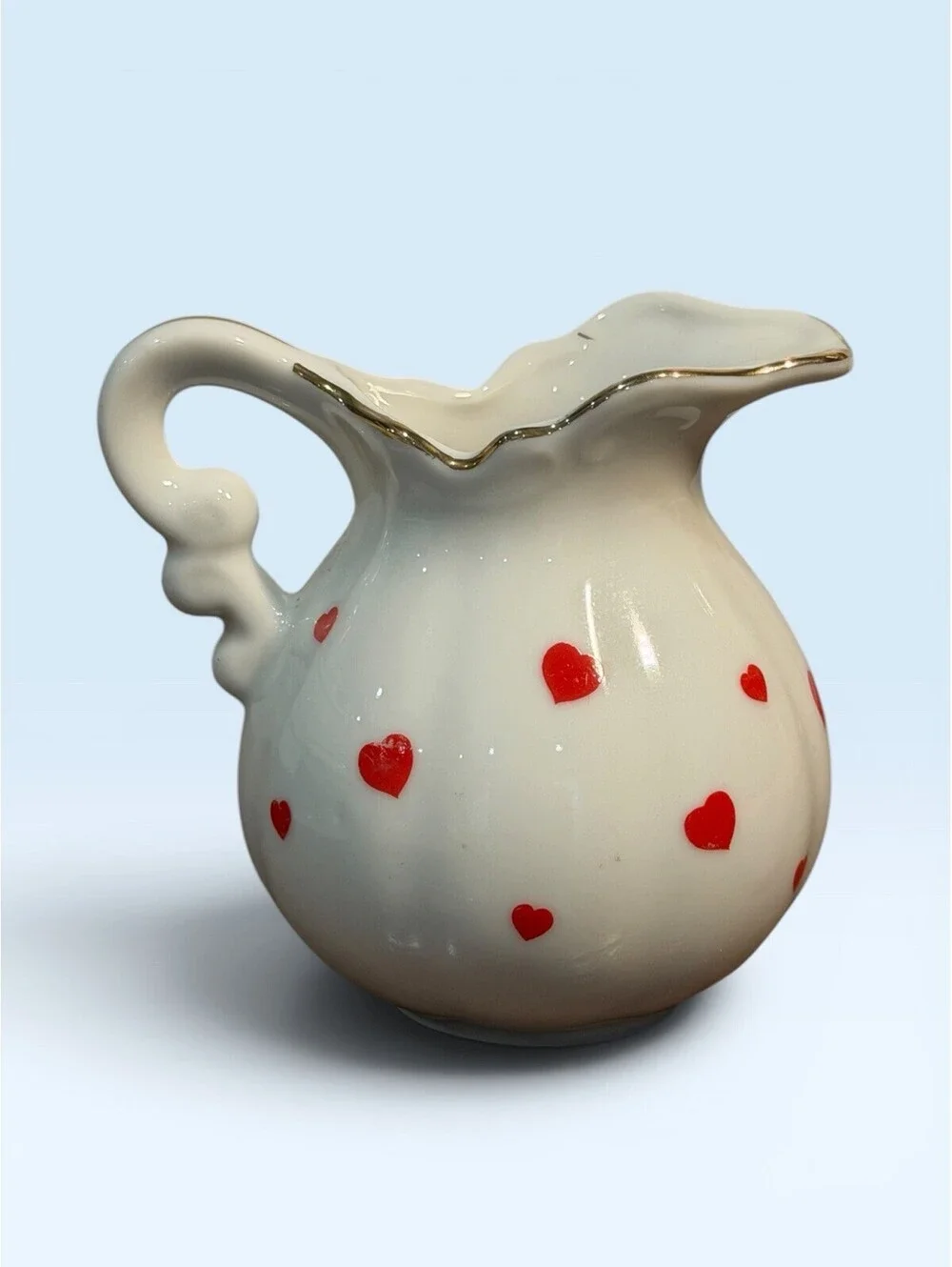 Vintage Lefton China Red Heart Mini Pitcher Red Hearts And Ribbons Design